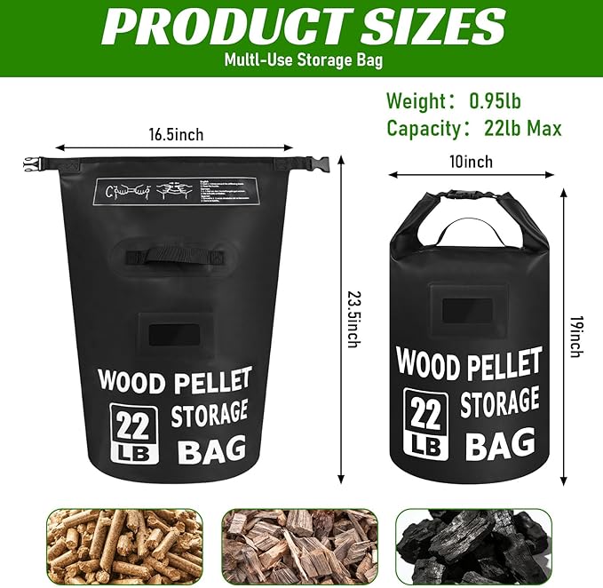 2PCS 22LB Waterproof Wood Pellet Storage Bag - Dual Handles, Label Pocket, Portable BBQ Smoker Pellet Storage Containers Bin, Stay Dry Pellet Grill Accessories for Fuel, Charcoal, Wood Chips