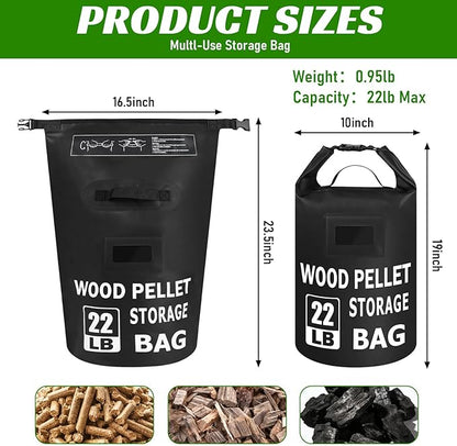 2PCS 22LB Waterproof Wood Pellet Storage Bag - Dual Handles, Label Pocket, Portable BBQ Smoker Pellet Storage Containers Bin, Stay Dry Pellet Grill Accessories for Fuel, Charcoal, Wood Chips