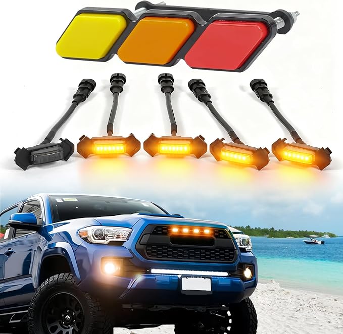 After Market TRD-Pro Grill Lights Emblem for 2015-2023 Toyota Tacoma | 5pcs led,Amber Led,Black Color +Grille Emblems tacoma