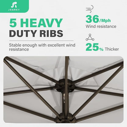 JEAREY 9ft Half Umbrella Outdoor Patio Umbrella Market Umbrellas with Crank, 1/2 Round Wall Umbrella 5 Sturdy Ribs UV Protection for Pool Garden Balcony Deck, Foggy Gray