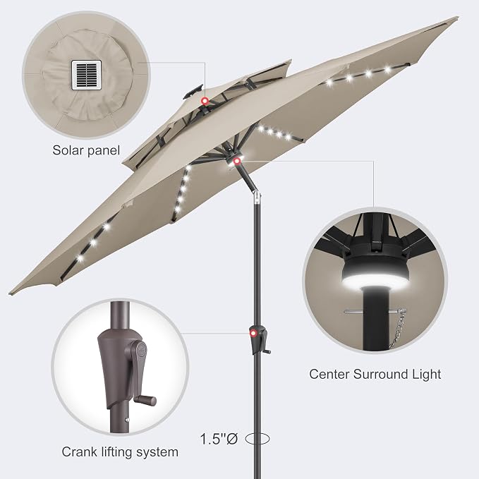 Solar Patio Umbrella Outdoor with Centre Light, 9 ft Taupe | 2 Tiers, 40 LED Lights, UV Protection, Solar Outdoor Umbrella for Porch, Deck, Pool, Garden, Provides Evening Lighting