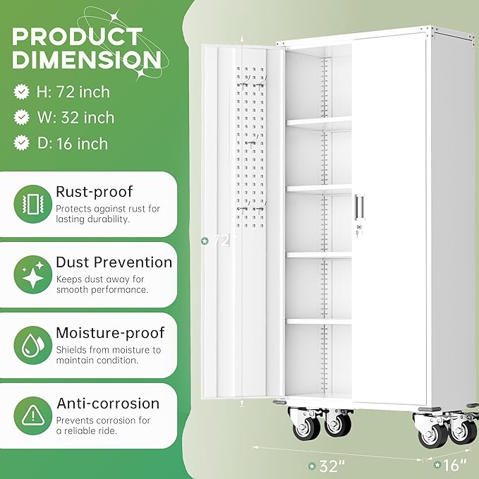 INTERGREAT Rolling Metal Cabinet with Wheels,72" Locking Storage Cabinet with Adjustable Shelves,Large Capacity Pulley Cabinets for Home Office,School,Garage(White)