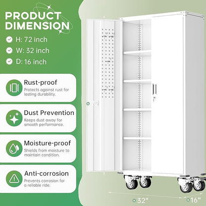 INTERGREAT Rolling Metal Cabinet with Wheels,72" Locking Storage Cabinet with Adjustable Shelves,Large Capacity Pulley Cabinets for Home Office,School,Garage(White)