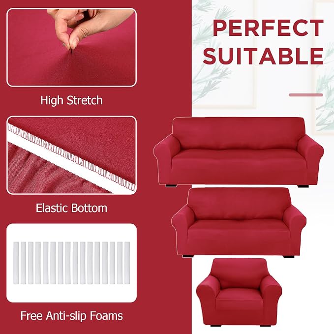 Peryiter 3 Pcs Couch and Loveseat Sofa Covers,Xmas Red,Milk Silk | Armchair Covers for Living Room, Sofa Cushion Slipcover, Furniture Protector, Polyester and Spandex, Washable