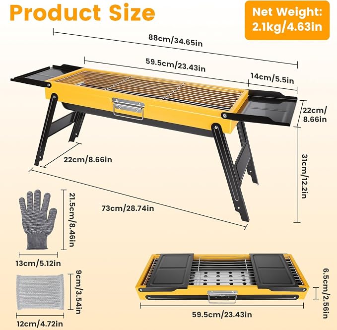 Portable Charcoal Grill Stainless Steel, Small Foldable BBQ Suitcase with Portable Side Shelves & Heat Resistant, Lightweight Tabletop Barbecue for Camping Picnic Backyard Beach Travel