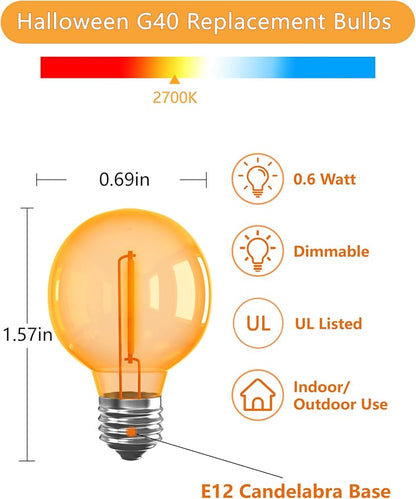 Halloween G40 LED String Light Dimmable, 50Ft Outdoor Globe Lights with 27 LED Orange Clear Replacement Bulbs(2 Spare), Halloween Decorations for Patio, Proch, Ghost Party, Yard Decor, E12 Base