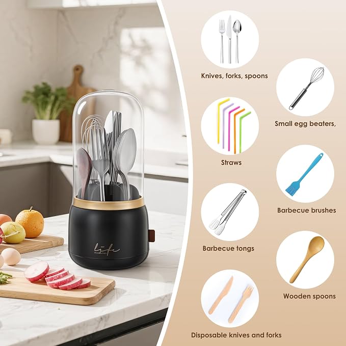 EXIN DECHEN Silverware Organizer with Lid,Cutlery Holder,Black with Gold | Waterproof and Dustproof,360°Rotating,Store Knives Forks Spoons Chopsticks for Kitchen Counter,Table,Party,Outdoor Camping,Rv