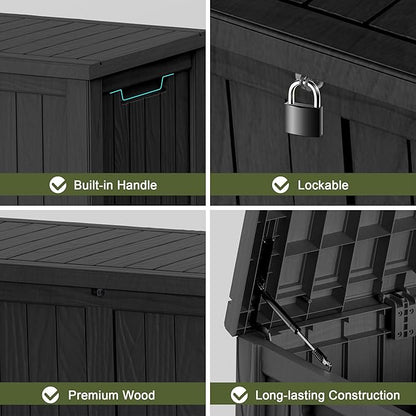 ROJIK 150 Gallon Waterproof Outdoor Deck Storage Box, Lockable Resin Patio Storage Bin with Lid for Garden Tools, Patio Cushions & Outdoor Accessories(Black)