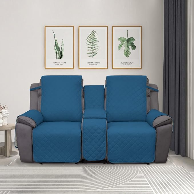 PureFit 2 Seat Recliner Cover for Loveseat, Peacock Blue/Beige, Water Resistant, Reversible, Furniture Protector for Recliner, Sofa, Durable, Machine Washable | Double with Console, Non Slip Split Sofa Cover, Washable Reclining Cover, Peacock Blue/Beige