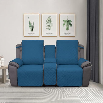PureFit 2 Seat Recliner Cover for Loveseat, Peacock Blue/Beige, Water Resistant, Reversible, Furniture Protector for Recliner, Sofa, Durable, Machine Washable | Double with Console, Non Slip Split Sofa Cover, Washable Reclining Cover, Peacock Blue/Beige