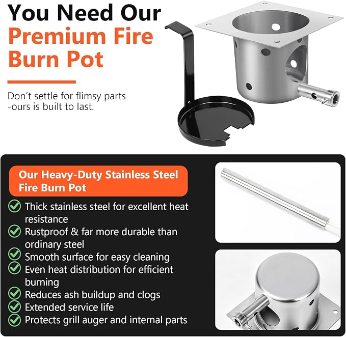 QuliMetal Fire Burn Pot & D2 Hot Rod Ignitor Kit for Traeger Pro 575 & 780 | D2 Fire Pot for Traeger Ironwood 650 & 885, Silverton 620 & 810 Wood Pellet Grill with D2 Direct Drive & WiFIRE Technology