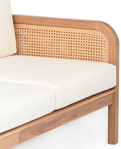 Christopher Knight Home Jidah Acacia Wood Outdoor 3 Seater Sofa with PE Wicker Armrest, Solid Wood Patio Sofa with Removable Cushion, Comfy Lounge Sofa for Patio Furniture Set, Light Teak+Beige