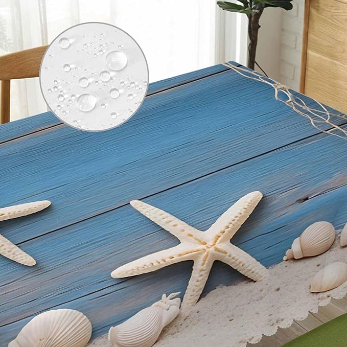 52x70 Inch Tablecloth Starfish Seashell, Beach Seashells Fishnet Rustic Wood Non-Fading Table Covers Kitchen Dinning Tabletop Decoration, Washable Table Cloth for Outdoor and Indoor Use