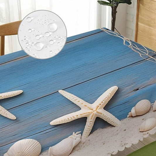 52x70 Inch Tablecloth Starfish Seashell, Beach Seashells Fishnet Rustic Wood Non-Fading Table Covers Kitchen Dinning Tabletop Decoration, Washable Table Cloth for Outdoor and Indoor Use