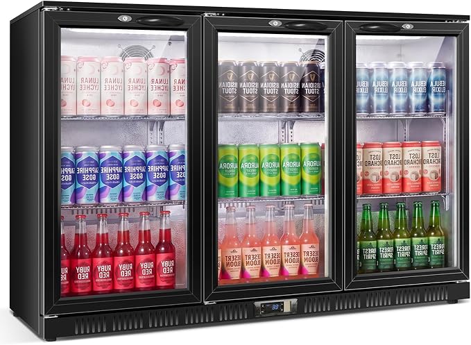 53.15" W Commercial Under Counter Beverage Refrigerator, 3 Glass Door Back Bar Cooler, Built-in/Freestanding 12Cuft Drink Fridge with LED Light, Auto Defrost, Low-E Glass & Safety Lock, Rebound door