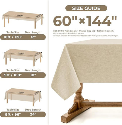 Decorelia Faux Linen Farmhouse Table Cloth 60"x144" for 10 ft Rectangle Table, Beige Waterproof Outdoor Washable Cloth Tablecloth for Rectangular Dining Room Kitchen Outdoor Party Restaurant Table