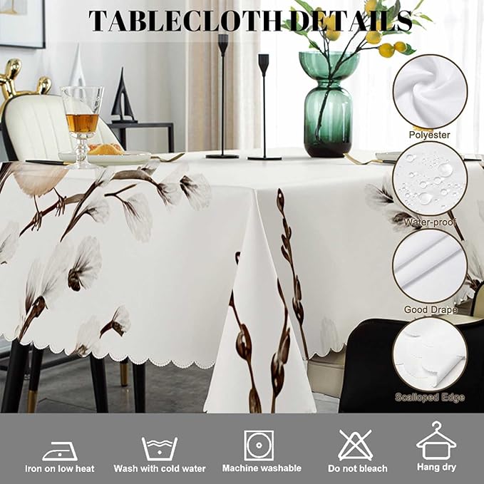 Swono Bird Tablecloth Willow Branches and Birds Chickadee Decorative Oblong Table Cover for Kitchen, Dining, Party Banquet and Holiday Tablecloth, 52x70 Inch(4-6 Seats)