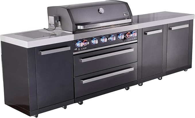 Mont Alpi Premium 119"W x 23"D x 46"H Black Stainless Steel Outdoor Kitchen Island with Side Burner + 44"W 6-Burner BBQ Grill + White Granite Countertops + Storage + Drawers + Rotisserie Kit + Cover