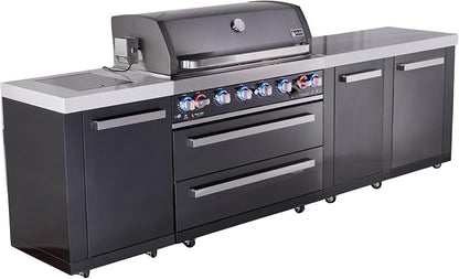 Mont Alpi Premium 119"W x 23"D x 46"H Black Stainless Steel Outdoor Kitchen Island with Side Burner + 44"W 6-Burner BBQ Grill + White Granite Countertops + Storage + Drawers + Rotisserie Kit + Cover
