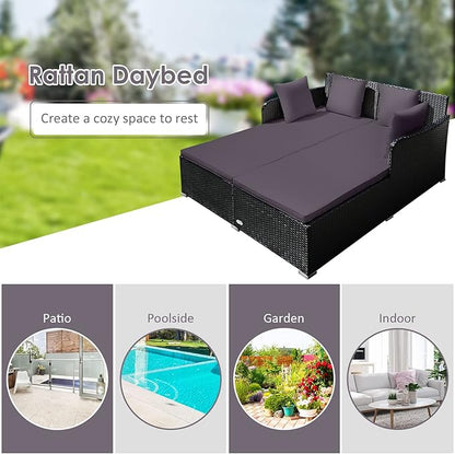 Tangkula Outdoor Rattan Daybed, Sunbed Wicker Furniture w/Spacious Seat, Upholstered Cushion & High-Resilience Sponge, Wicker Patio Sofa Set w/Extra Pillows for Courtyard Poolside (Grey)