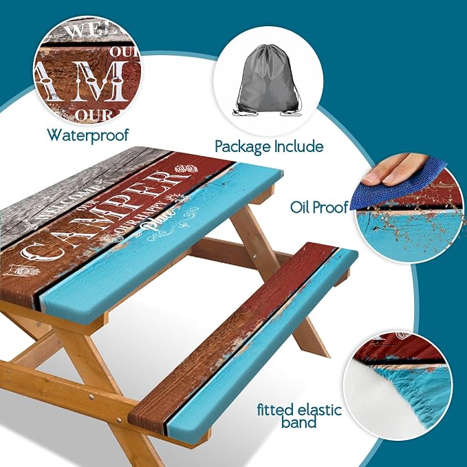 Picnic Table Cover with Bench Covers Elastic Edges, Vintage Wood Grain Camper Table Cover, Waterproof Windproof Fitted, for Outdoor Camping Patio Garden RV Trips, Drawstring Bag, 60 Inch 3PCS