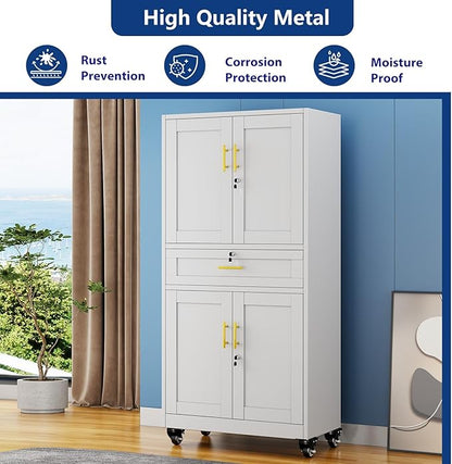 Ckzbx Metal Garage Storage Cabinet with Locking Drawers and Adjustable Shelves,71" H Steel File Cabinet with Wheels for Garage,Office (White)