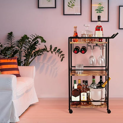 LOTEYIKE 3 Tier Bar Cart, Mini Liquor Utility Cart for Wine Beverage Dinner Party, Rolling Wine Coffee Drink Serving Cart with Lockable Wheels for Home Kitchen Bars (Rustic Brown) | Rolling Wine Coffee Drink Serving Cart with Lockable Wheels for Home K...