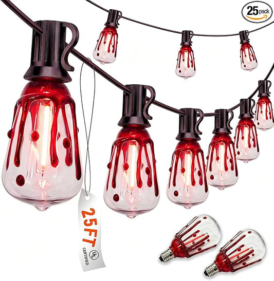 25Ft Halloween LED String Lights Outdoor with 25 ST38 Red Blood Drop Lights, Connectable Halloween Patio Lights for Indoor Outdoor Backyard Garden Halloween Christmas Party Decor