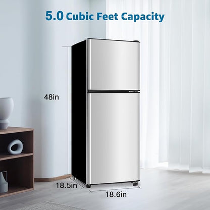 5.0 Cu. Ft Dorm Fridge for Apartment with Freezer Small Refrigerator Silver | Compact Refrigerator 7-Level Adjustable Thermostat, Adjustable Glass Shelves Compact Mini Fridge for Kitchen, Dorm, Office