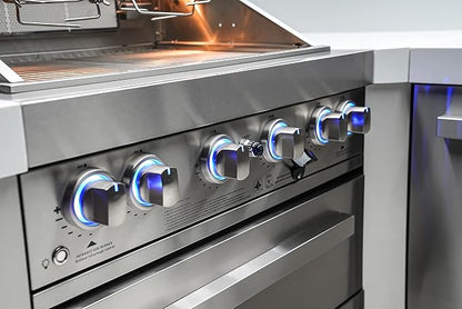 Mont Alpi Premium 94"W x 50"D Deluxe Stainless Steel L-shaped Modular Outdoor Kitchen Island with Infrared Side Burner + 44"W 6-Burner BBQ Gas Grill + Granite Countertops + Storage Cabinets & Drawers