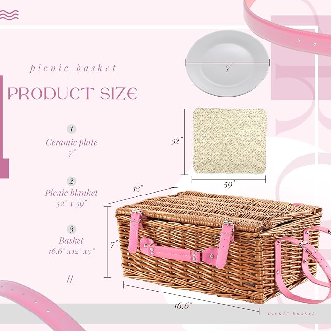 Wicker Picnic Basket Set for 4, Blanket, Cooler Bag, Pink Floral | Four-Person Wicker Set Includes Tableware, Insulated Food Storage and Waterproof Blanket for Parks, Camping, Dates and Gifts