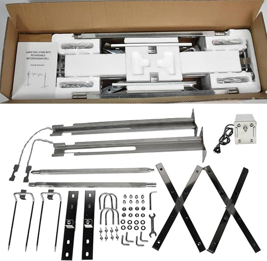 iMeshbean 53inch Barbecue Grill Rotisserie Grill Kit,Stainless Steel Large Grill Rotisserie Spit Roaster Rod, Charcoal BBQ Pig Chicken Rotisserie with 15W Motor Kit for Outdoor Cooking Meat