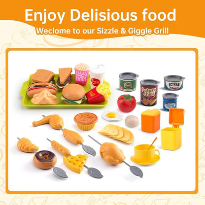 120Pcs Mini Play Kitchen Accessories, Kids Pretend Cooking Playset with Desserts, Cuttable Veggies & BBQ & Storage Basket, Educational Role-Play Gift for Toddlers, Child, Yellow