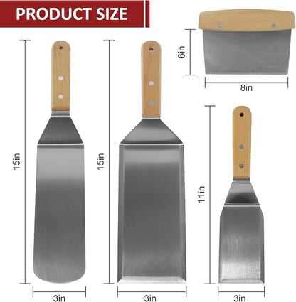 Stainless Steel Metal Spatula Set, 4 Pcs Teppaniyaki Griddle Accessories - Grill Burger Turner Long Pancake Flipper Griddle Scraper for Flat Top Cast Iron BBQ, Wooden Handle, Easy to Clean