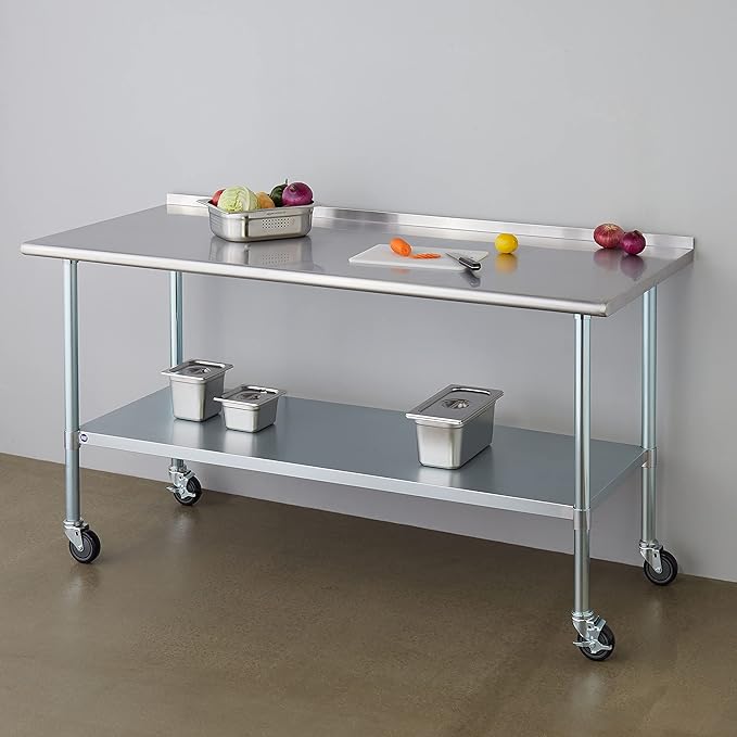 Stainless Steel Table for Prep & Work with Caster & Backsplash 30x72 Inches, NSF Metal Commercial Kitchen Heavy Duty Table with Adjustable Under Shelf and Table Foot for Restaurant, Home and Hotel