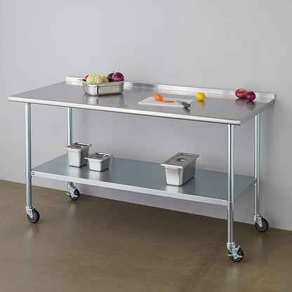 Stainless Steel Table for Prep & Work with Caster & Backsplash 30x72 Inches, NSF Metal Commercial Kitchen Heavy Duty Table with Adjustable Under Shelf and Table Foot for Restaurant, Home and Hotel