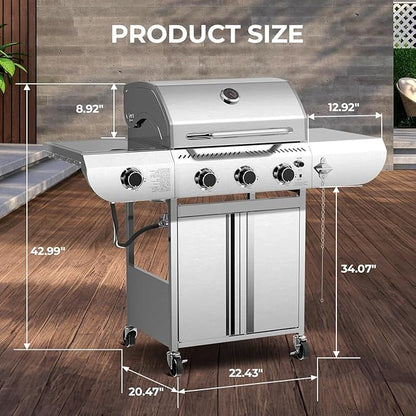 Electactic 3-Burner Propane Gas Grill with Side Burner, 34,000 BTU, Stainless Steel Barbecue Grill with Cast Iron Grates, Built-In Thermometer, Portable BBQ Grill for Outdoor Cooking, Patio,Camping