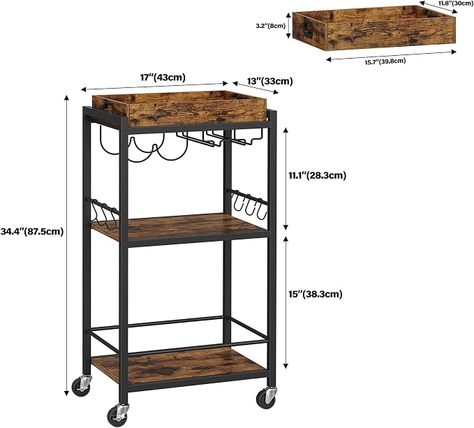 TUTOTAK Bar Cart with Wheels, Mini Drink Cart with Wine Rack & Glass Holder | 3-Tier 17 Inch Wide Home Bar Serving Carts, Small Mobile Kitchen Shelf with 6 Hooks, Rustic Brown BC01BB036