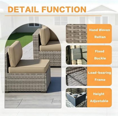 MOCHITO 5 Pieces Outdoor Patio Furniture Sets, All-Weather Sectional Sofa Grey PE Rattan Wicker Conversation Set with Glass Table and Washable Khaki Cushions for Backyard,Sunroom,Garden,Porch