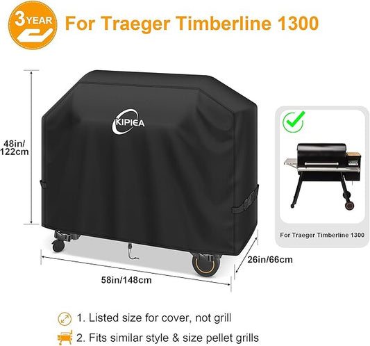 Kipiea Heavy Duty Grill Cover for Traeger Timberline 1300, 600D Oxford Fabric Wood Pellet Smoker Covers Waterproof & Windproof, Pellet BBQ Grill Cover for Outside Anti-UV, No Tear, No Fading