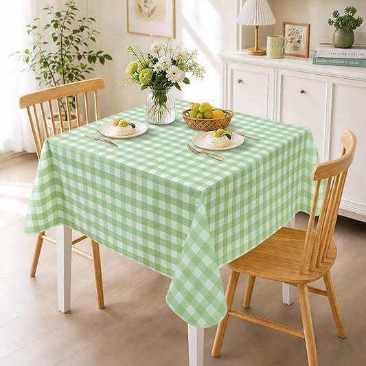 Seenus 52x52 Inch Flannel Backed Gingham Plastic Tablecloth for Square Table, Summer Light Green Checkered Square Tablecloth with Flannel Backing for Tea Party Card Table Patio Bistro