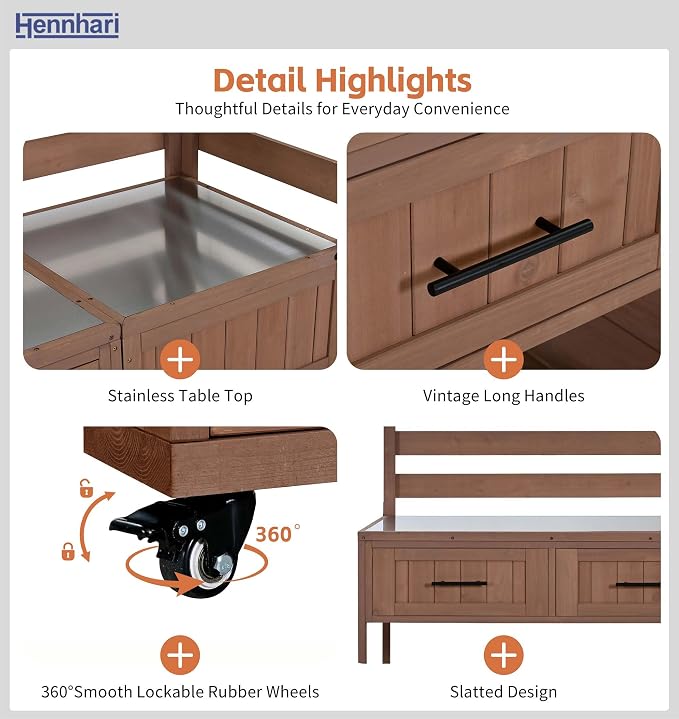 62.3'' Outdoor Kitchen Island with Stainless Steel Top and Raised Shelf, Potting Bench with Drawers and Wheels, Grill Prep Table for BBQ, Patio, Party (Brown)