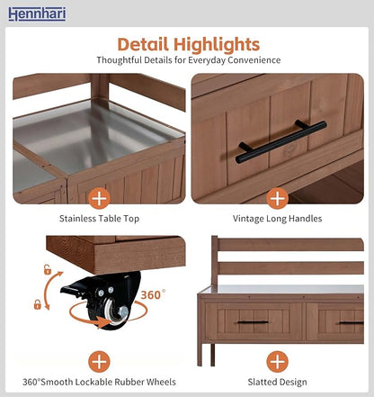 62.3'' Outdoor Kitchen Island with Stainless Steel Top and Raised Shelf, Potting Bench with Drawers and Wheels, Grill Prep Table for BBQ, Patio, Party (Brown)
