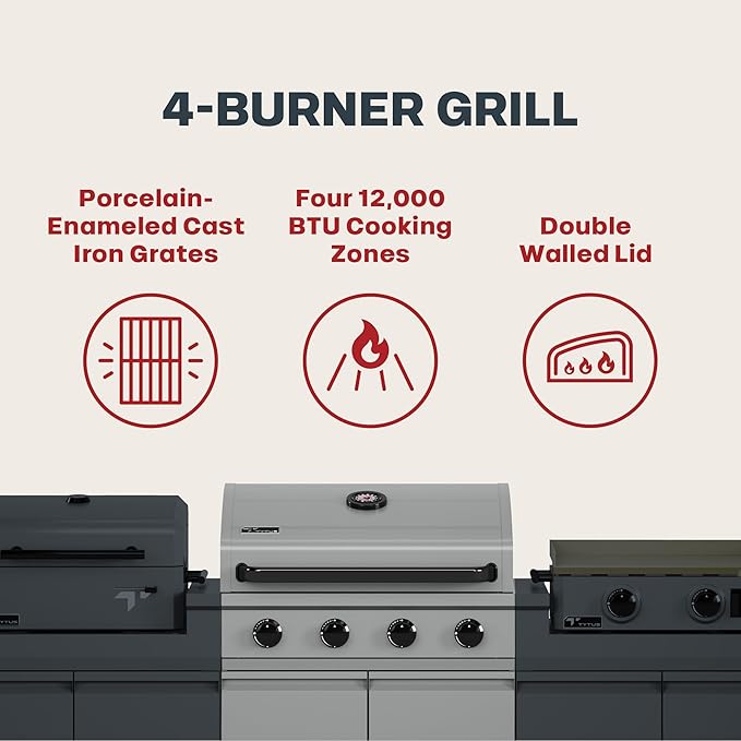 Tytus Anaheim 4-Burner Gas Grill with Two Prep Carts, Charcoal Grill, and Gas Griddle with Cover - Modular Outdoor Kitchen, Quick Assembly, Outdoor Cooking, Kitchen Island for BBQ