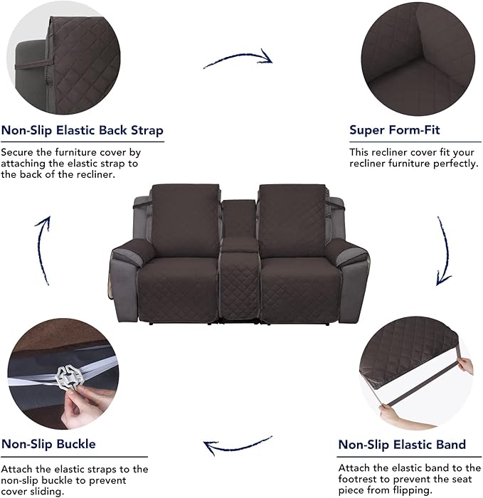 PureFit Recliner Cover, 2 Seat, Water Resistant, Reversible, Non-Slip, Washable, Chocolate/Beige | Double with Console, Non Slip Split Sofa Cover, Washable Reclining Cover, Chocolate/Beige