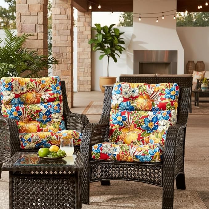 Outdoor Tufted High-Back Chair Cushions, One-Piece Hinged Seat and Back Design, Reversible with 4 Ties, Durable Polyester Fabric, Recycled Fiber Fill - Set of 2, Aloha Red Floral