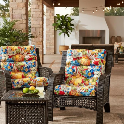 Outdoor Tufted High-Back Chair Cushions, One-Piece Hinged Seat and Back Design, Reversible with 4 Ties, Durable Polyester Fabric, Recycled Fiber Fill - Set of 2, Aloha Red Floral