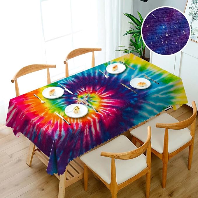 Swono Tablecloth Tie Dye, Abstract Rainbow Swirl Tie Dye Table Cloth for Kitchen Dining Tabletop Decoration Parties Weddings, 52 X 70 Inch Rectangle Tablecloth