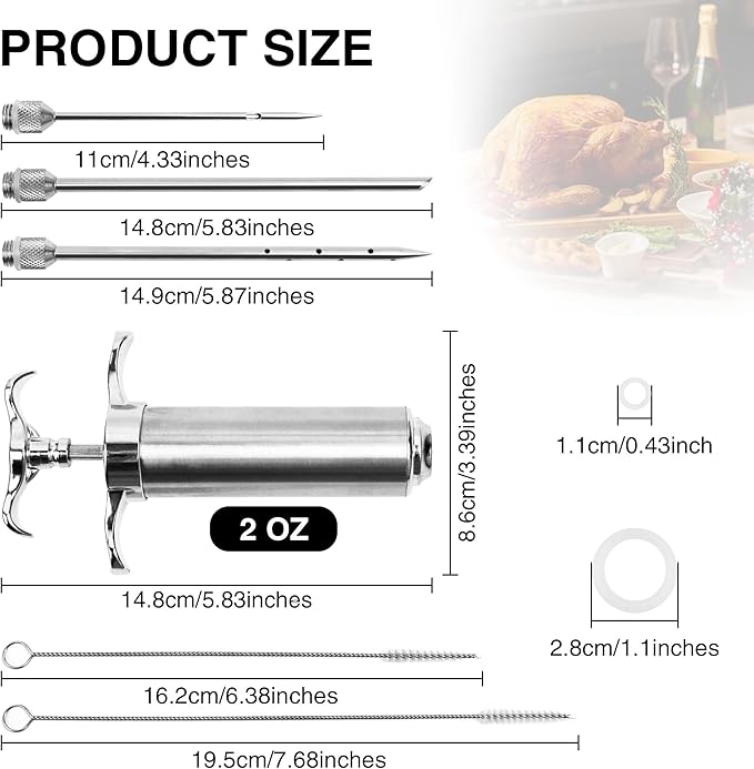 Meat Injector Syringe Kit, Flavor Injector with 3 Marinade Needles, Stainless Steel Kitchen Food Injection Syringe for Turkey Cooking