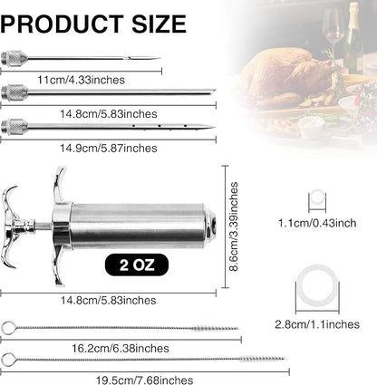 Meat Injector Syringe Kit, Flavor Injector with 3 Marinade Needles, Stainless Steel Kitchen Food Injection Syringe for Turkey Cooking